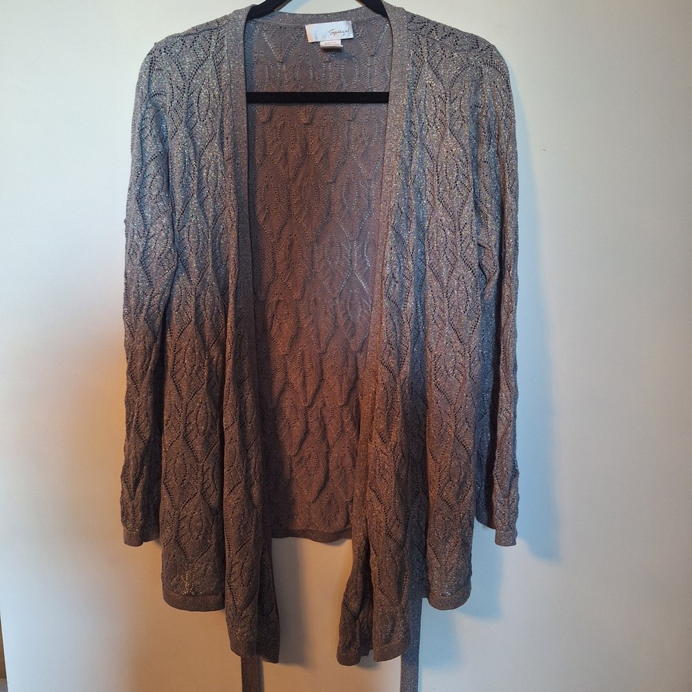 Spiegel Womens Silver Metallic Knit Open Front Belted Cardigan Size XL